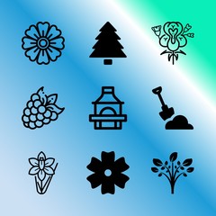Vector icon set about gardening with 9 icons related to flavoring, food, narcissus, steak, element, sign, love, sirloin, roasted and cooking