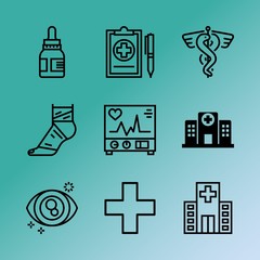 Vector icon set about medicine with 9 icons related to hygiene, christ, worship, cardiac, clinic, eye, worker, illness, signal and first
