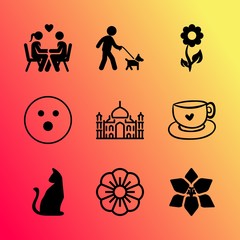 Vector icon set about love with 9 icons related to mug, breakfast, tongue, phrase, positive, internet, cheerful, event, silhouette and border