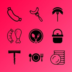 Vector icon set about kitchen with 9 icons related to breakfast, party, fat, homemade, succulent, sommelier, retro, brown, tree and space
