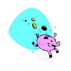 Illustration of piggy bank. Vector illustration. Image is isolated on white background. Running pig with coins. In pursuit of profit. Easy Money. Spending money in the empty. Mascot company. Finance.