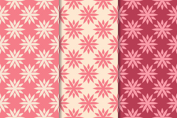 Set of red floral ornaments. Cherry pink vertical seamless patterns