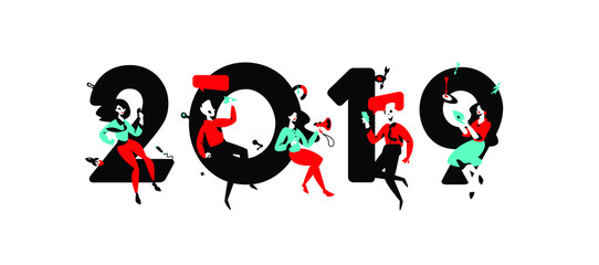 Illustration of the New Year 2019. Vector illustration. Employees around the inscription. Image is isolated on white background. Advertising, developers meet in 2019. Calendar of the New Year and Chri