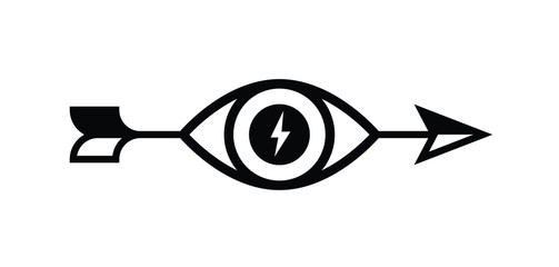 Logo of an arrow with an eye. Vector icon. Image is isolated on white background. Flat style. Brand of the company. Exactly. The goal is achieved. Straight to the top ten. The human eye. Symbol, emble