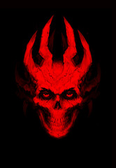 Illustration of red toothy skull with horns. Image is isolated on a black background. Cover for the album, book and site. Devil's image. Illusion for the poster. Sketch, 2D digital painting. Demon.