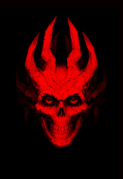 Illustration of red toothy skull with horns. Image is isolated on a black background. Cover for the album, book and site. Devil's image. Illusion for the poster. Sketch, 2D digital painting. Demon.