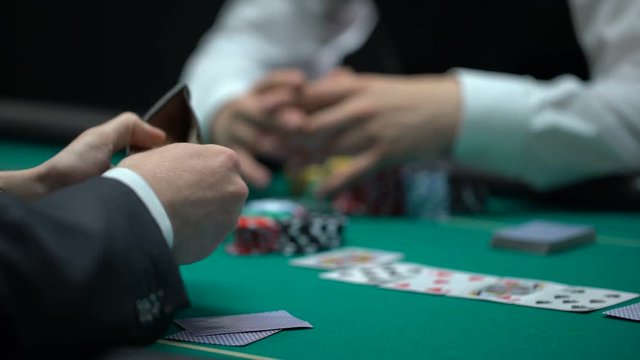 Poker game addicted person betting all money and chips, bad business investment