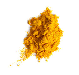 Turmeric (Curcuma) powder pile isolated on white background, top view.