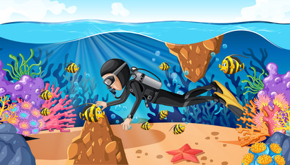Diving in underwater ocean