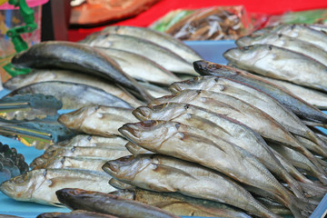 Salted mackerel pile on table  in local market 