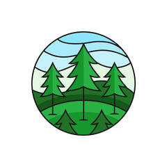 Pine forest logo badge. pine tree illustration with circle frame for forest outdoor activity concept. simple flat cartoon style vector design.