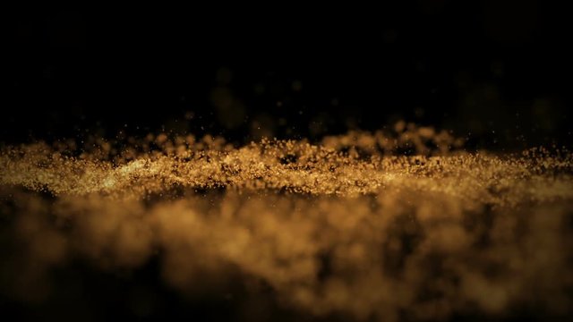 Background gold movement. Universe gold dust with stars on black background. Motion abstract of particles.