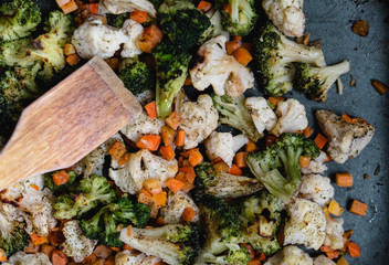 Top view of stir fried vegetables in a tray