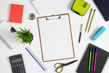 Multiple stationery items for office and school. Top view flat lay of office supply with copy space.