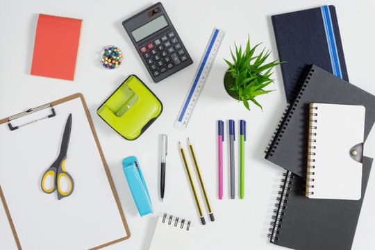 Multiple stationery items for office and school. Top view flat lay of office supply.