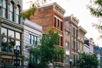 Fotobehang Historic buildings along Vine Street in Over-The-Rhine, Cincinnati, Ohio. © jonbilous