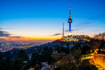 Sunset scene of N Seoul Tower at Namsan Mountain in Seoul City, South Korea.