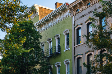 Fototapeta premium Historic buildings along Vine Street in Over-The-Rhine, Cincinnati, Ohio.