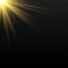 Abstract stylish golden light effect on dark background. Bright flares. Gold rays. Magic explosion. Sunlight with falling gold dust. Christmas light. Vector illustration