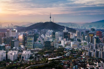 Fototapeten Sunrise scene of Seoul downtown city skyline © Travel man