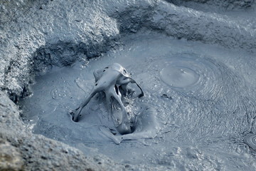 Mud fumaroles. When a mud bubble bursts, abstract shapes form