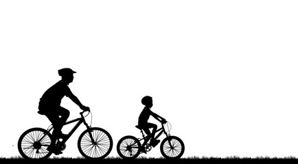 Fototapeta na wymiar silhouette Father and son riding bicycle on white background