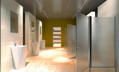 Toilette per uomo con orinatoio, wc, rendering 3d, bagni pubblici, illustrazione 3d - obrazy, fototapety, plakaty