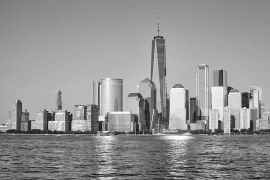 Black and white picture of Manhattan seen from New Jersey at sunset, New York City, USA.
