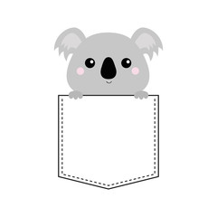 Koala bear head face sitting in the pocket. Holding hands. Cute cartoon character. T-shirt design. Dash line. Pet animal. White black color. Baby background. Flat design