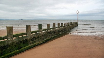 Obraz premium Old wooden and stone groyne structure covered with green algae on Portobello beach, low tide North sea in the backgroud, on overcast day. Edinburgh, Scotland.