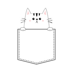 Cute cat in the pocket. Pink cheeks. Holding paw hands. Doodle contour linear sketch. Cartoon pet animals. Kitten kitty character. Dash line. White black color. T-shirt design. Baby background. Flat