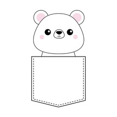 White bear head face in the pocket. Pink cheeks. Doodle linear sketch. Cute cartoon character. T-shirt design. Dash line. Pet animal. White black color. Baby background. Flat
