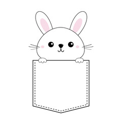 Rabbit baby face head icon sitting in the pocket. Holding paw hands. Pink cheeks. Contour line. Funny hare. Cute cartoon character. Love card. Kawaii Easter animal. Flat design White background