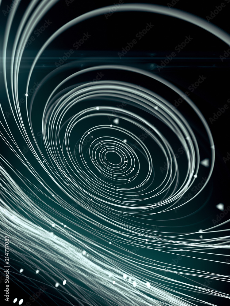 Poster magic wavy rings with small beads on a dark background. 3d rendering