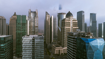 Fototapeta na wymiar aerial view of Shanghai Landmark Building in fog