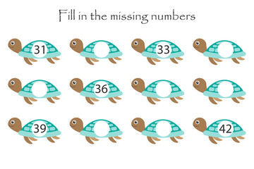 Fototapeta premium Game with turtles for children, fill in the missing numbers, middle level, education game for kids, school worksheet activity, task for the development of logical thinking, vector illustration