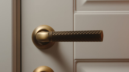 CLOSEUP: A door handle in a white door