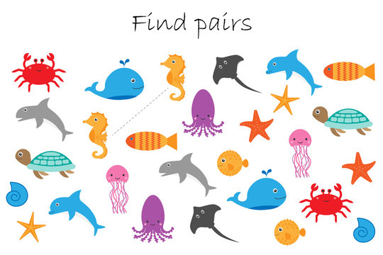 Find pairs of identical pictures, fun education game with different ocean animals for children, preschool worksheet activity for kids, task for the development of logical thinking, vector illustration