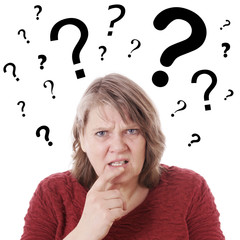 elderly woman looking confused with question marks above her head