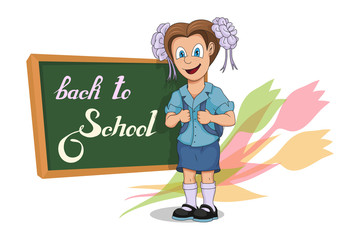 Back to School. Cartoon school girl. Hand drawing of student with a backpack. School kids concept. Happy school children in uniform. Vector graphics to design.