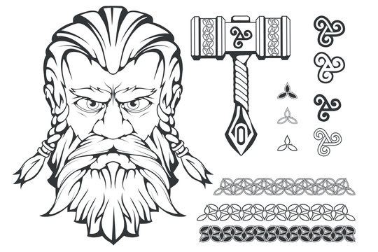 Scandinavian god of thunder and storm. Hand drawing of Thor's Head. The hammer of Thor - mjolnir. Son of Odin. Cartoon bearded man character. Norse mythology. Vector graphics to design