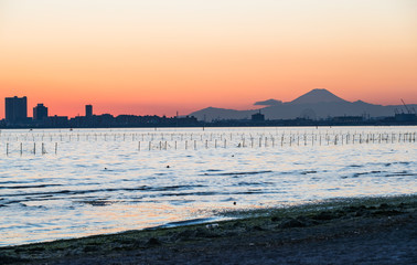 Nice view of Tokyo sunset , Tokyo bay at Funabashi area and Mt. Fuji in winter season