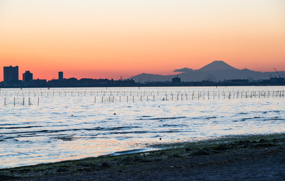 Nice view of Tokyo sunset , Tokyo bay at Funabashi area and Mt. Fuji in winter season