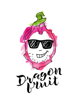 vector line illustration of dragon fruite crazy with pink watercolor abstract background and handwritten lettering. Isolated dragon fruit for label, menu, icon, banner.