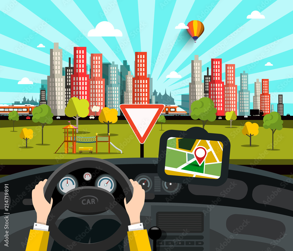Poster navigation in car with city on background - vector