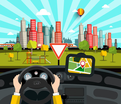 Navigation in Car with City on Background - Vector