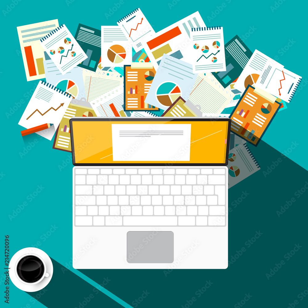 Poster paperwork design with laptop computer and coffee on table. vector top view illustration.
