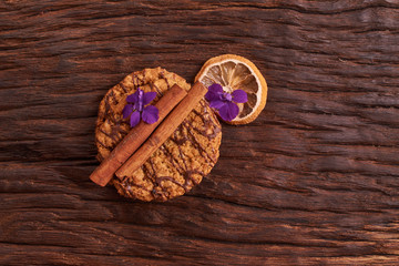 cookies and spring blue flowers Healthy morning breakfast concept. Minimalist. selective focus