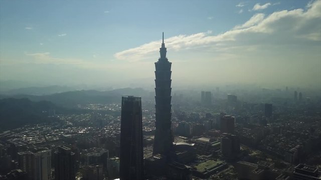 taipei city sunny day famous downtown buildings aerial panorama 4k taiwan
