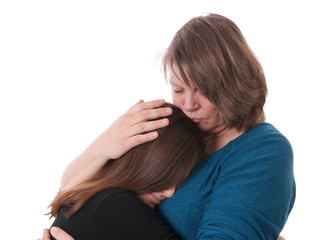 mother comforting her daughter, isolated on white